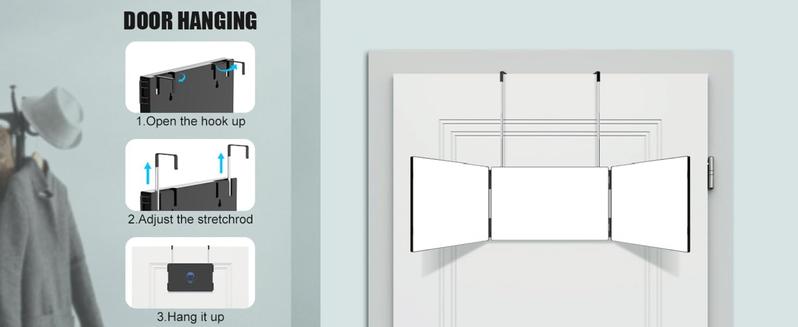 3 Way Mirror for Hair Cutting, Three Way Mirror for Shaver and Makeup, Height Adjustable with Two Hold Nails, 360 Viewing Angle, Clear Anti-Fog HD Glass