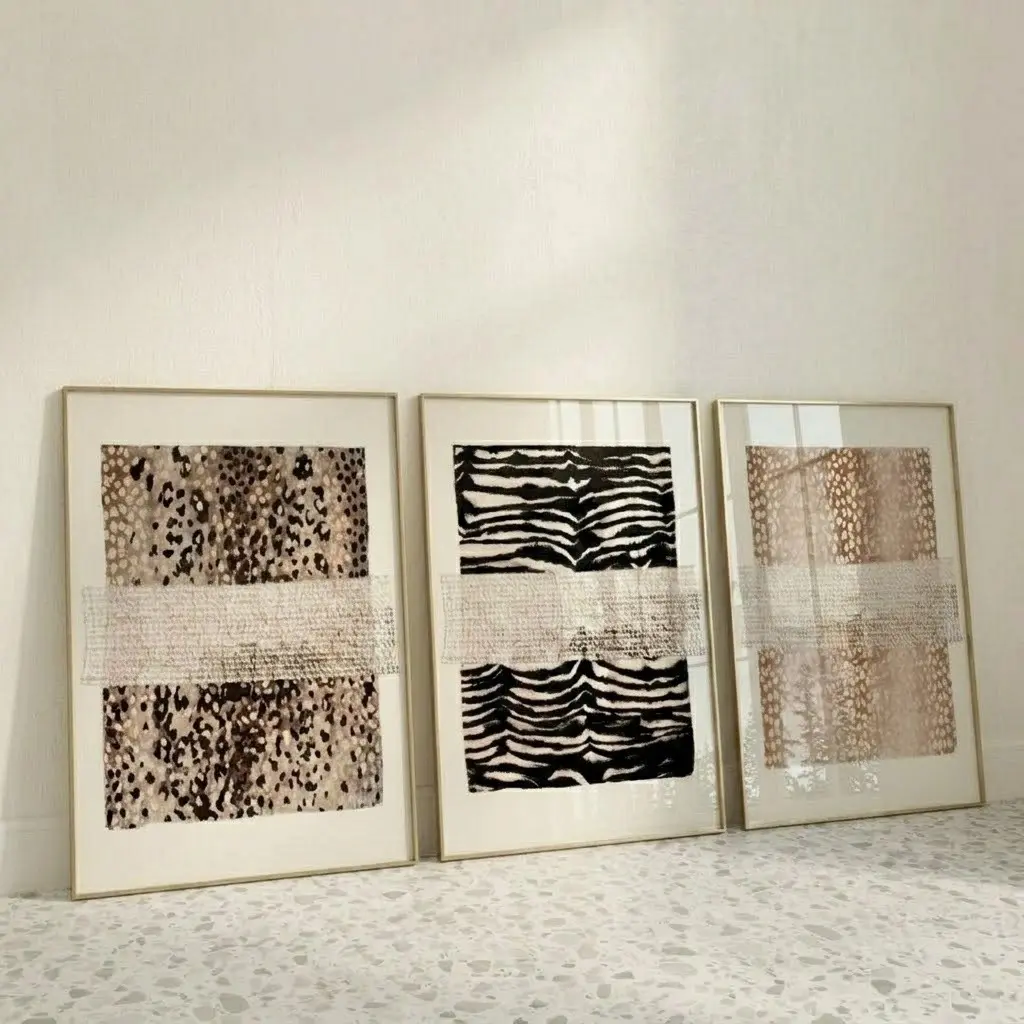 Unframed Neutral Animal Pattern Print Wall Art Set of 3 - Leopard Print Poster, Modern Black & White Zebra Art, Abstract Deer Decor Home Wall Decor