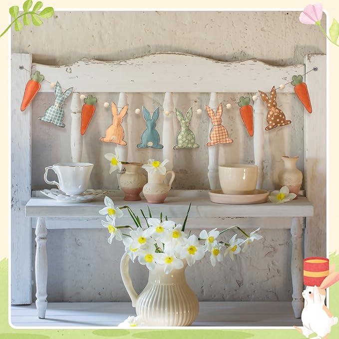 Easter Bunny Garland Banner with Wood Beads for Easter Decor, Rustic Rabbits Hanging Garland for Mantle Fireplace Shelf Wall Display Spring Home Decor, Shamrock Garland for St. Patrick's Day Luck Of The Irish Green Decor, Indoor Party Supplies & Gifts