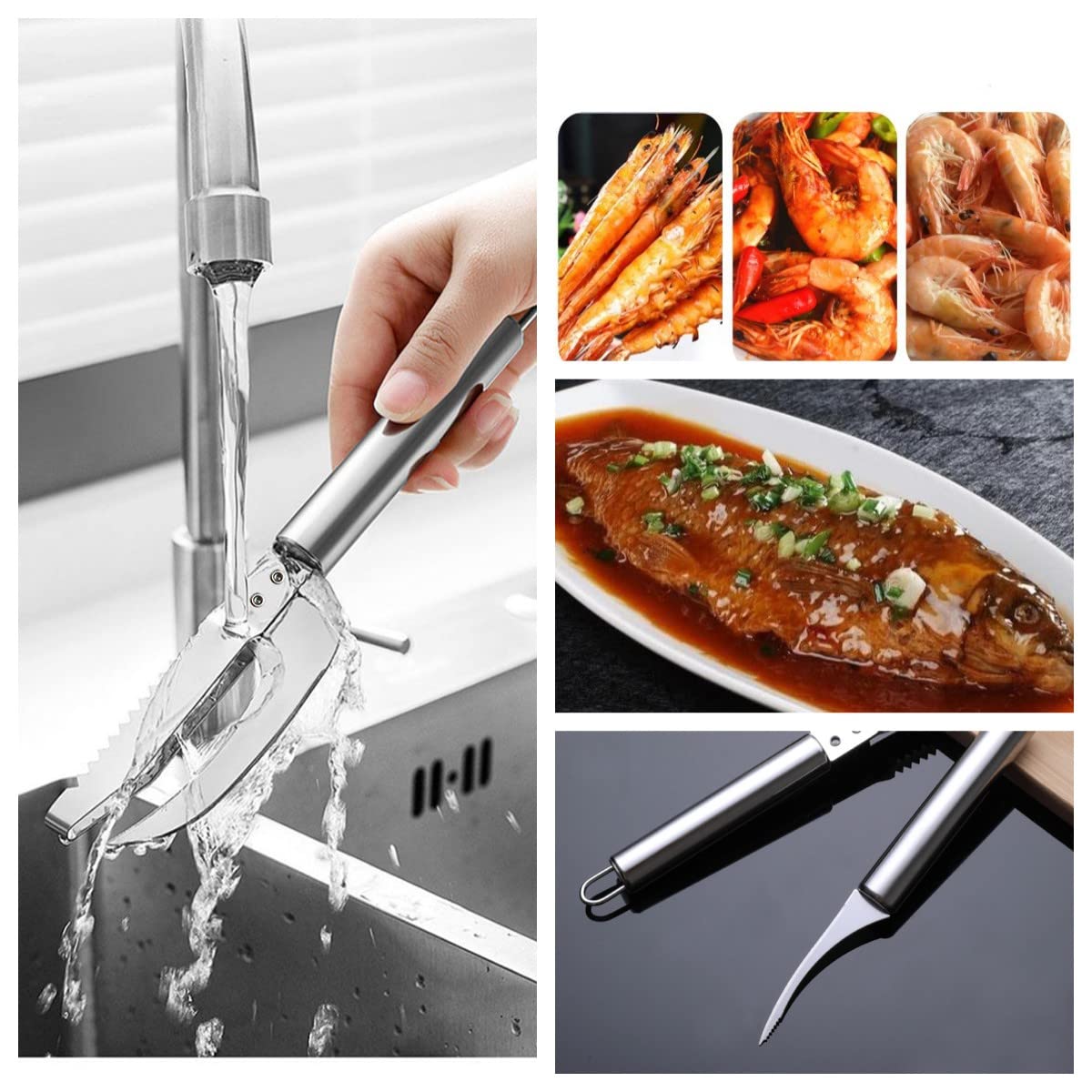"2 PCS 5 In 1 Multifunctional Shrimp Line Fish Maw Knife Stainless Steel Shrimp Deveiner Tool Multifunctional Fast Shrimp Peeler Fish Scale Remover Kitchen Fish and Shrimp Duck Intestine Cleaner  "