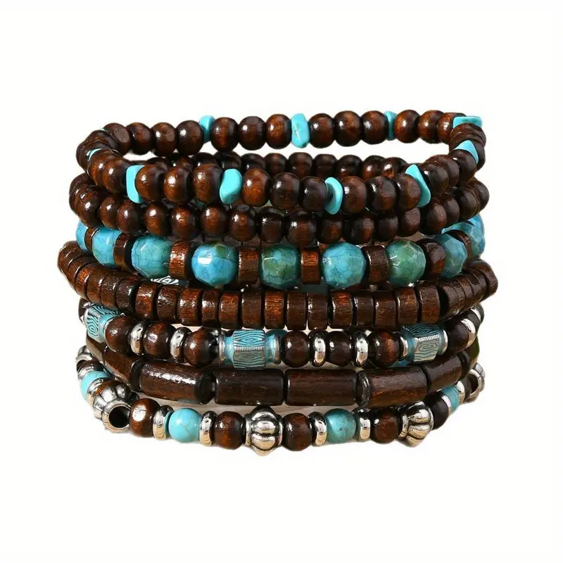 7Pcs Bohemian Retro Unisex Bracelet Set | Handmade Coconut Shell & Wood Beads with Turquoise Accents | Perfect for Daily Wear & Gift 7Pcs Bohemian Retro Unisex Bracelet Set | Handmade Coconut Shell & Wood Beads with Turquoise Accents | Perfect for Daily Wear & Gift