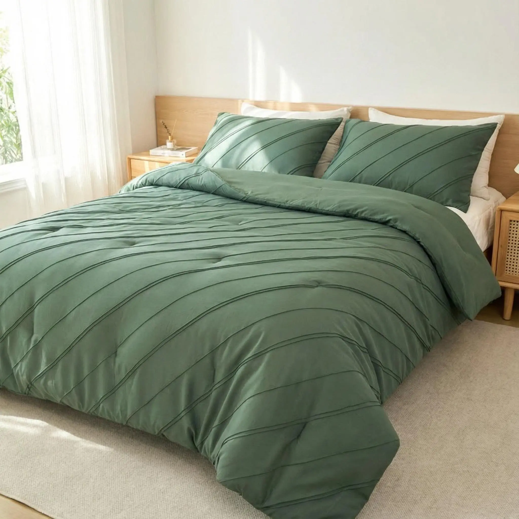 Diagonal Pinstripe Pleated Quilt 3-Piece Set, Wrinkle-Resistant Bedding with 1 Quilt & 2 Pillowcases, Classic Design for Bedroom Guest Room, Soft Durable & Easy to Match