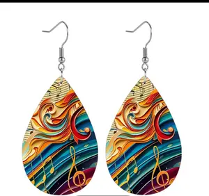 2D flat, 1 pair ladies music note piano printed earrings-double sided teardrop pendant jewelry,vintage/classic piano keys with music note design, bridal party wedding gift, wear all year round (no plating, fit)-affordable luxury 2D flat