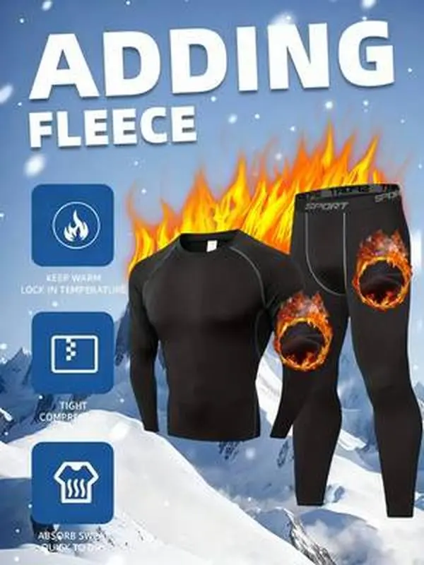 Men's 2-piece thermal underwear set, plus size, extra stretchy and thick, fleece-lined for warmth in winter, suitable for home wear, round neck, long sleeves and long pants, thermal base layer, ideal for outdoor sports, fitness, hiking, and running.