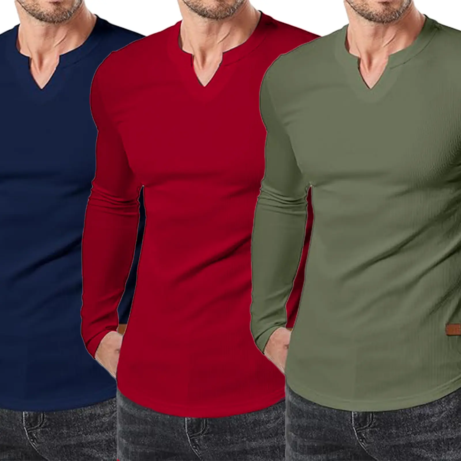 Royaura 3 Pack Mens Long Sleeve Muscle T Shirts Casual V-Neck Longline Ribbed Tee Shirts
