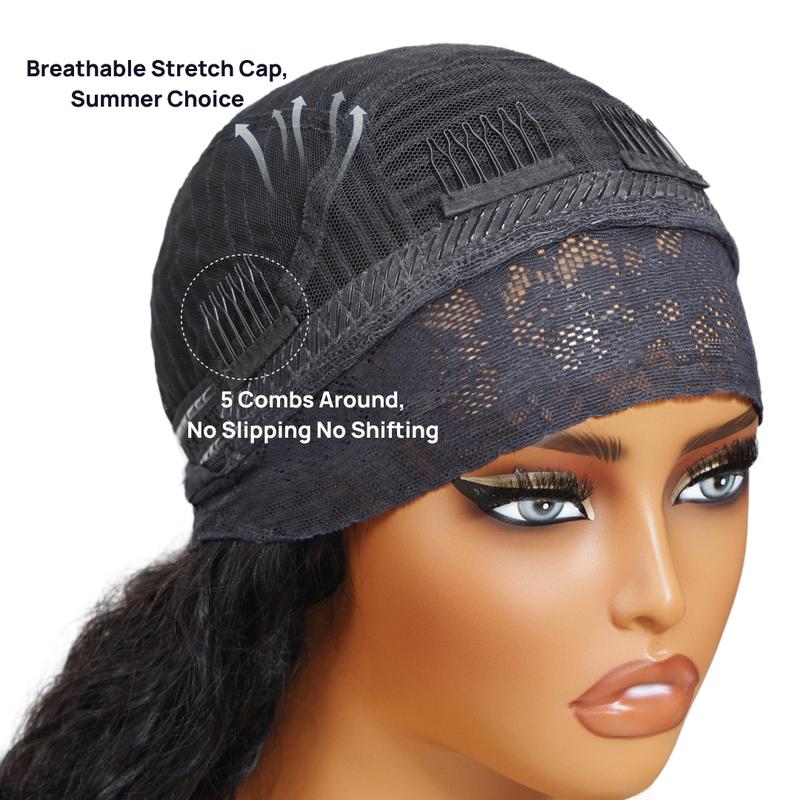 【All-Day Security】Water Wave Breathable Headband Wig With Drawstring Hook Fit Glueless Wear-And-Go Wig Natural Black Human Hair Lace Frontal TikTokShopStockUp
