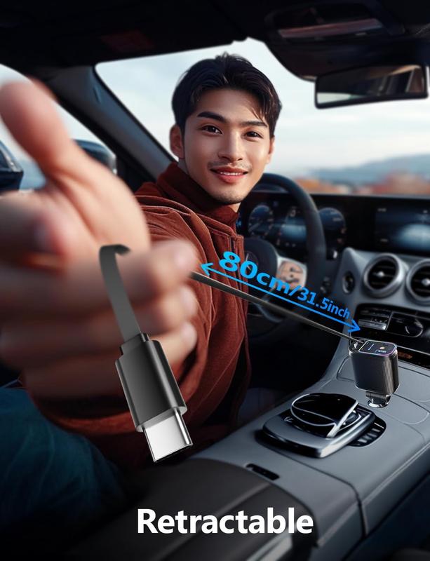 Retractable Car Charger with Starlight, 66W Starlight in Car roof 4 in 1 Retractable Car Phone Charger Adapter, Fast Charging USB C Cable, Compatible with iPhone 17/16/15/14/13/12