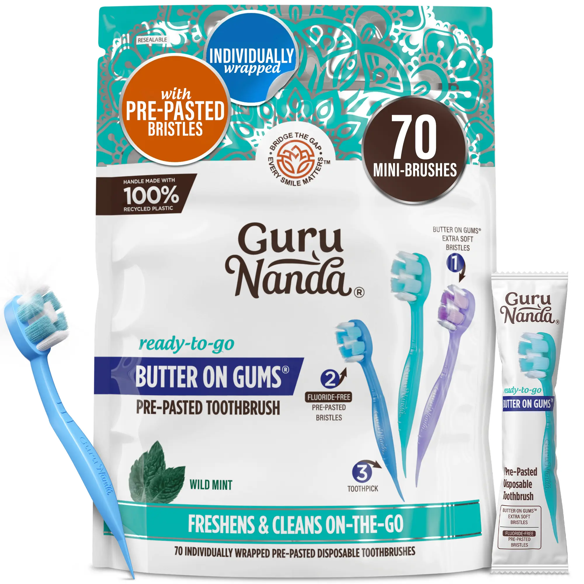 GuruNanda Ready-to-Go Pre-Pasted Butter on Gums Mini Travel Toothbrush with Toothpick, Fluoride-Free, No Rinsing Needed, Individually Wrapped & TSA Friendly, 70 Ct