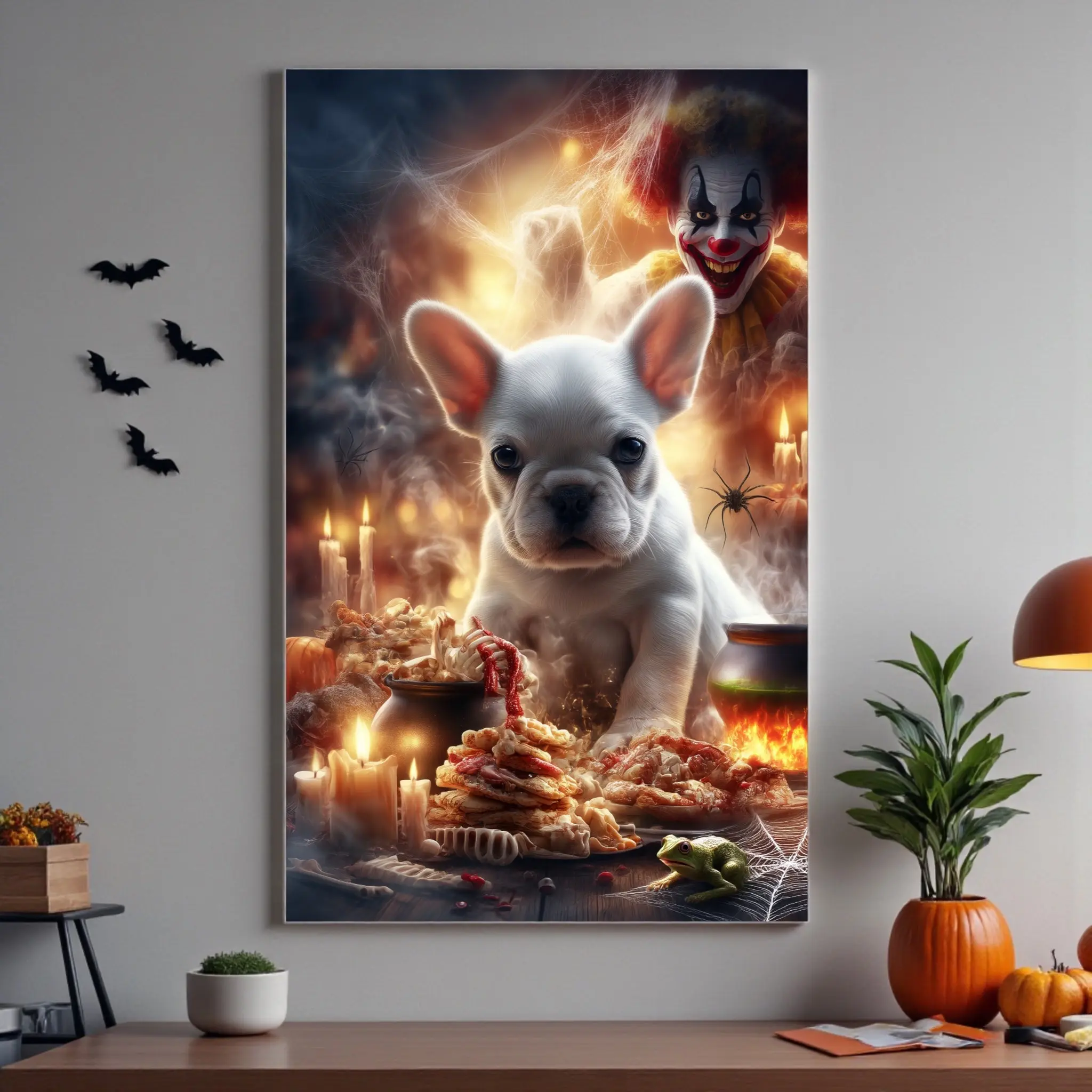 Spooky French Bulldog Halloween Poster: Gothic Clown Decor, A2 Print