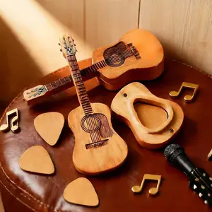 Wooden Guitar Pick Box with Stand - 3PCS Unique Guitar Picks, Mini Storage Box for Guitarists, Portable Handcrafted Guitar Picks Storage Container,  Musician Engraved Wooden Plectrum Case, Acoustic Guitar Box for Weddings, Birthdays, Anniversaries Gift