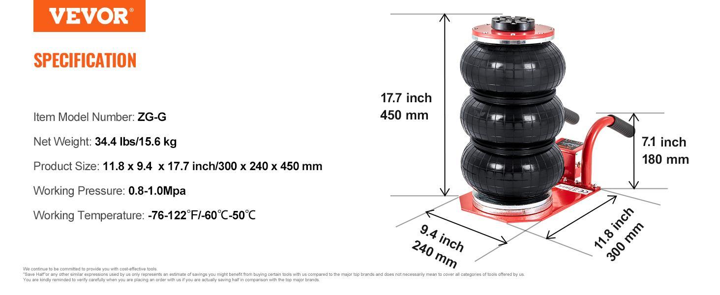 VEVOR Air Jack, 3 Ton/6600 lbs Triple Bag Air Jack, Airbag Jack with Six Steel Pipes, Lift up to 17.7 inch/450 mm, 3-5 s Fast Lifting Pneumatic Jack, with Side Handles for Car, Garage, Repair VEVOR Air Jack, 3 Ton/6600 lbs Triple Bag Air Jack, Airbag Jack with Six Steel Pipes, Lift up to 17.7 inch/450 mm, 3-5 s Fast Lifting Pneumatic Jack, with Side Handles for Car, Garage, Repair