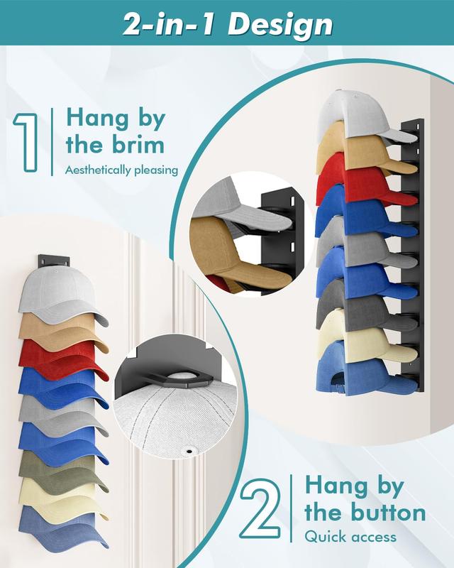 Baseball Cap Organizer 2-Pack Wall-Mounted Hat Rack Hook Holds Up to 18 Hats Multi-Layer Storage Adjustable Self-Adhesive or Screw Installation Valentine Gift  valentines gift for bf home
