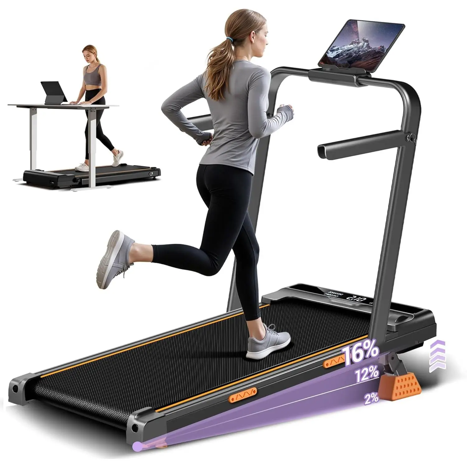 16% Incline Walking Pad Treadmills for Home Small, 4-in-1 Under Desk Treadmill with Handles, Foldable Treadmill with 2.5 HP Quiet Brushless, 330 LBS Capacity