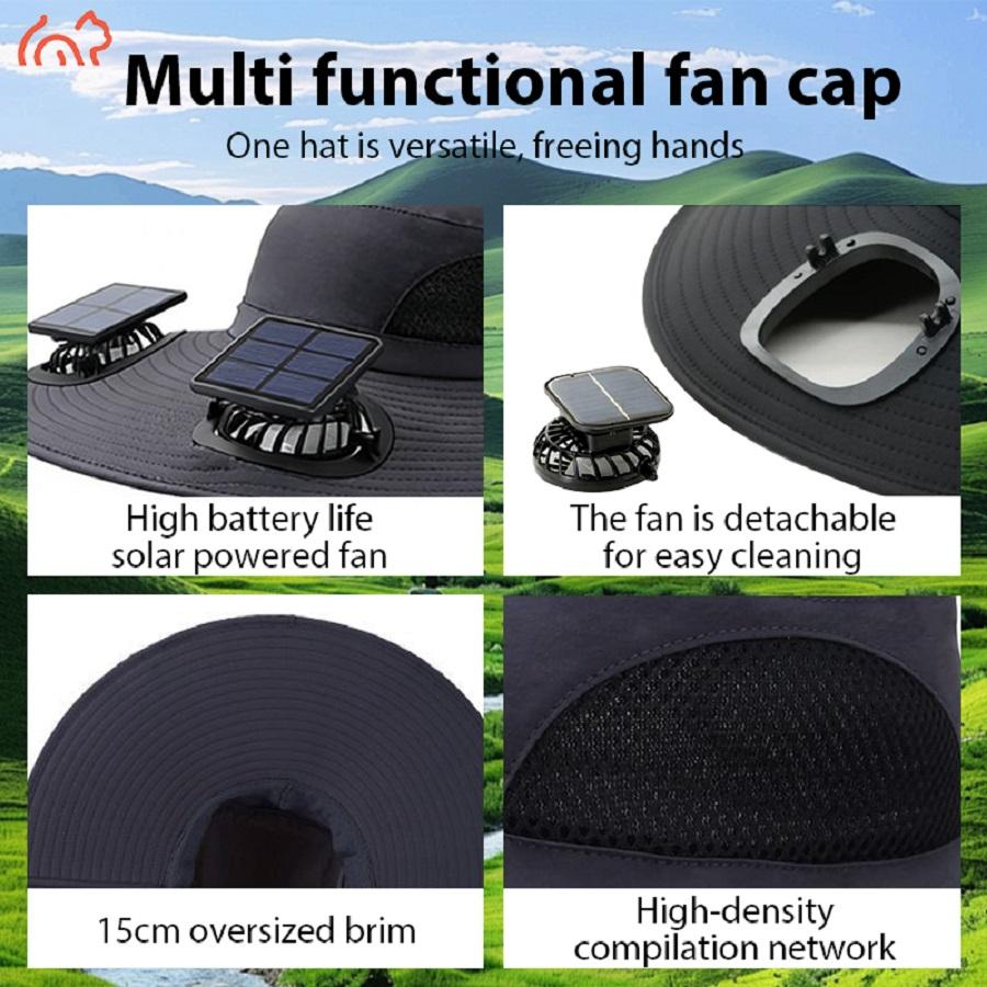 Wide eave solar fan outdoor fishing hat 2 solar fan men's hats with built-in solar fan fishing hat men's fan hat, thermal sensitive worker, lightweight headwear, adjustable hat, reinforced stitching, high-quality textile, cooling hood, summer traveler