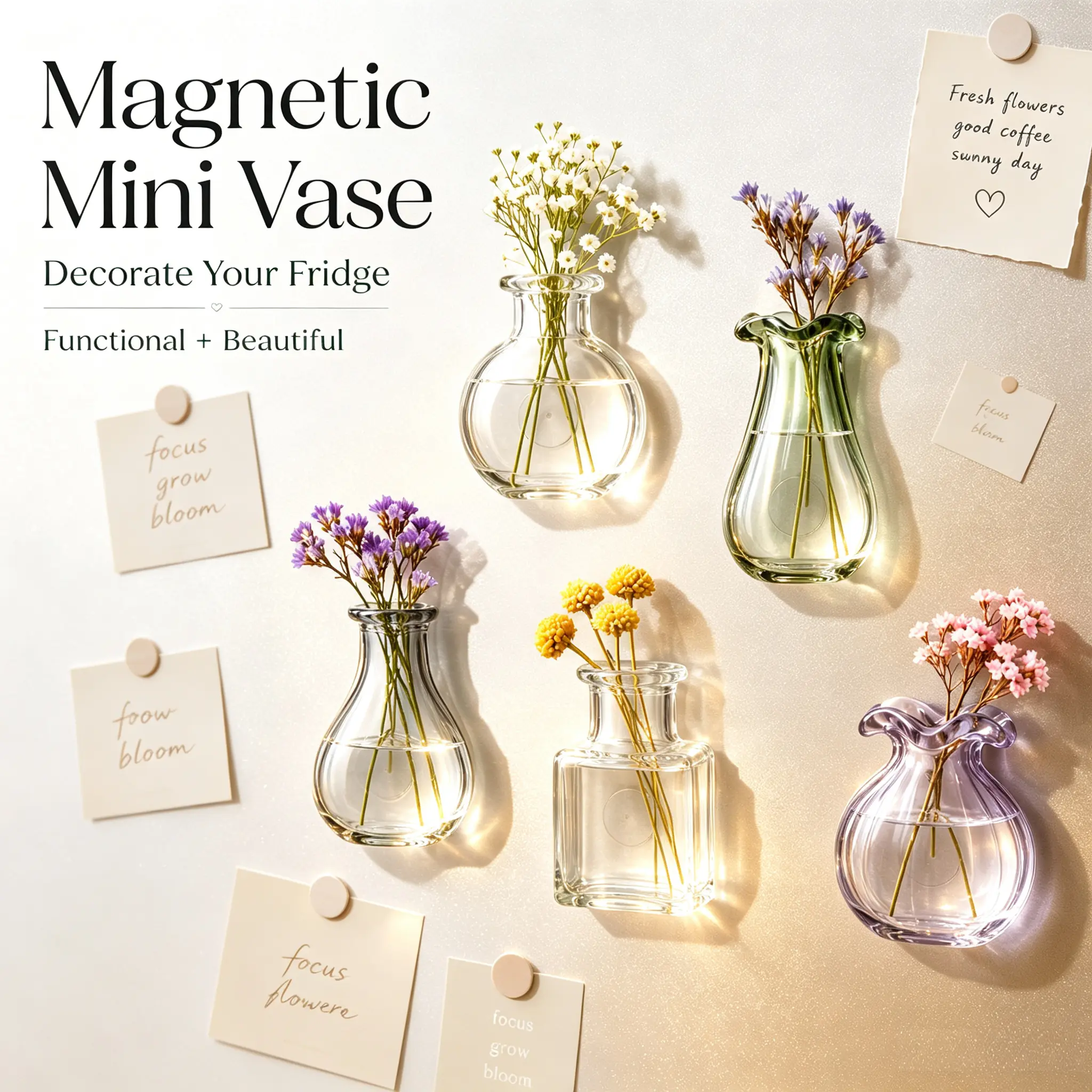 Scandi-East Minimalist Colorful Mini Vase Shape Fridge Magnets Set (5/8 Pcs), Jingdezhen Artisan-Crafted Sturdy Resin with Strong Magnetic Back, Kitchen Home Office Decor & Gift, Metal, Box