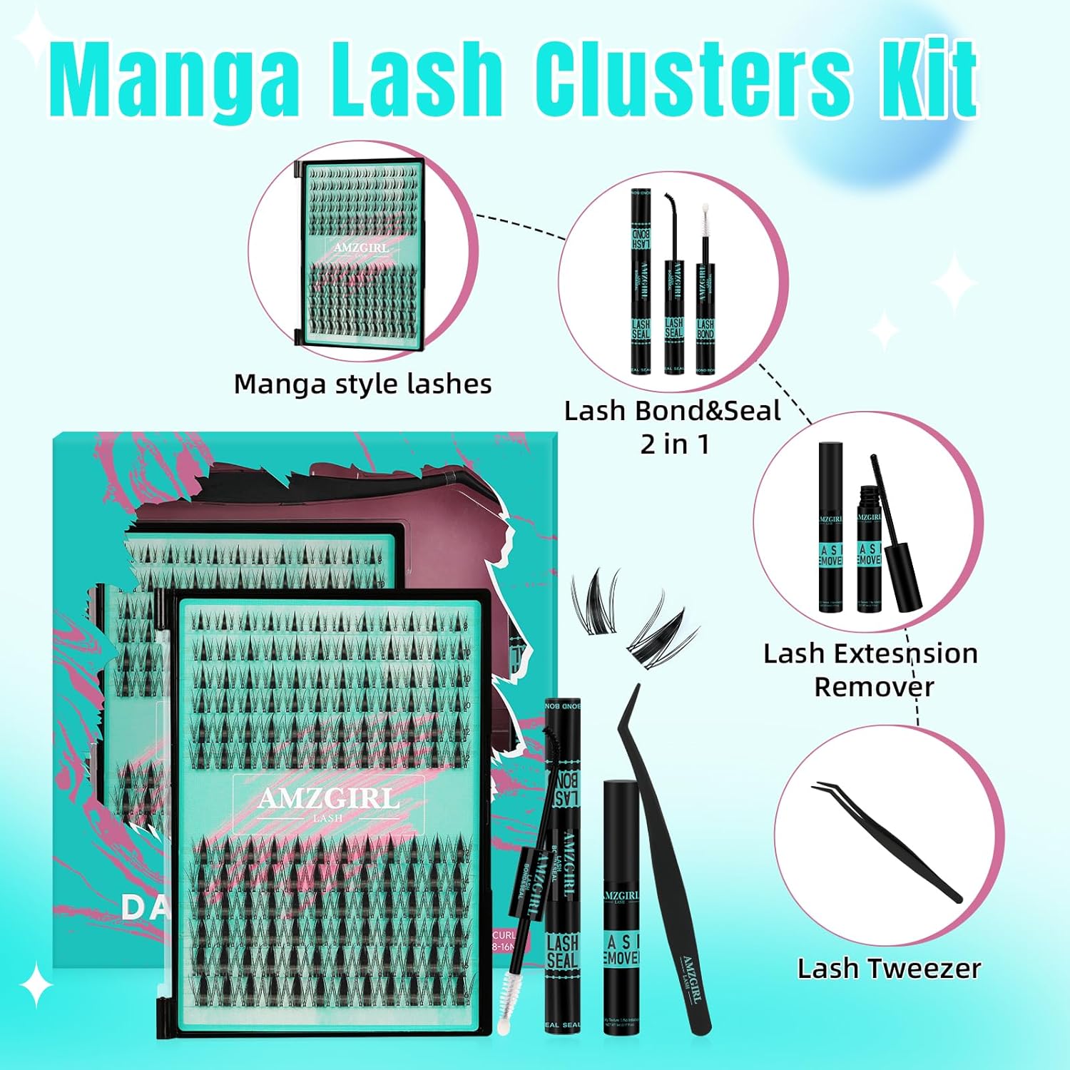 AMZGIRL LASH DIY Lash Extensions Kit 144pcs Manga Waterproof Eyelashes Makeup Cosmetic Set with Bond Seal Remover Applicator  8-16mm Mixed Individual Lashes