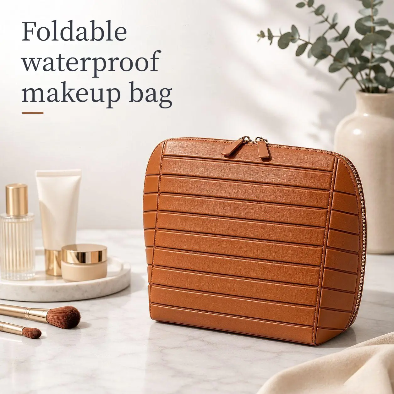 Foldable Waterproof Large-Capacity Rectangle Makeup Bag - Home & Travel Storage Organizer for Makeup Products, Vanity Organization, with Multiple Compartments, Brush Case, Stand Design, Reinforced Zipper, Clean Lines, Striped Look, Travel Stuff, Airplane
