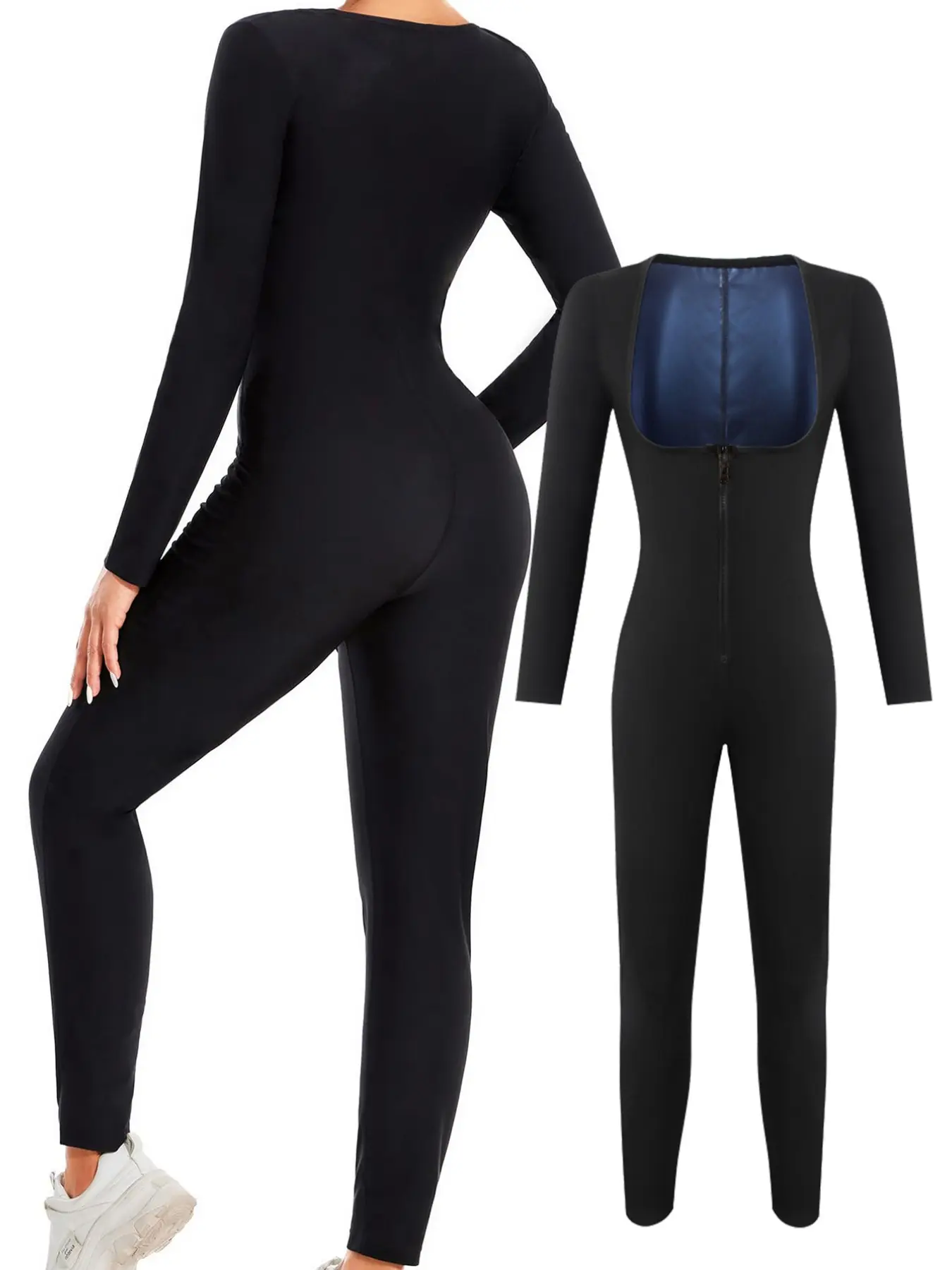 Women's autumn/winter sauna workout top, long-sleeved shapewear bodysuit, yoga leggings, Sportswear Jumpsuits, hooded fitness wear with zipper, sauna clothing suitable for running and fitness