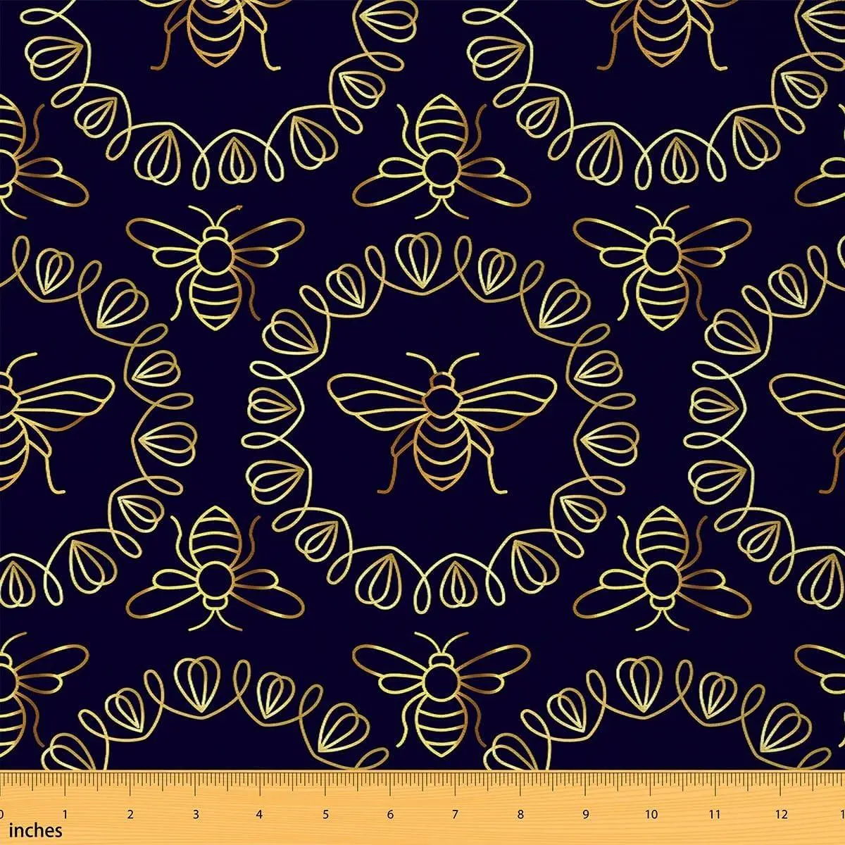Feelyou Tribal Style Polyester Fabric by the Yard - Dark Blue, Golden Flower Circle & Abstract Bee Animal Print, Non-Stretch Soft Indoor Waterproof Fabric for Quilting, Sewing, DIY Crafts, Home & Room Decor