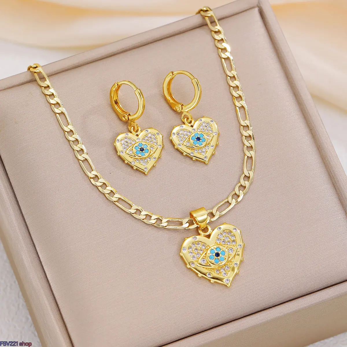 Women's 3-Piece Evil Eye Heart Jewelry Set - Gold/Silver Plated Charm Kit with Heart Necklace, Gold Necklace for Women, Crystal Nazar Charm Necklaces & Earrings Costume Jewelry, Gold Necklace Women campingessentials