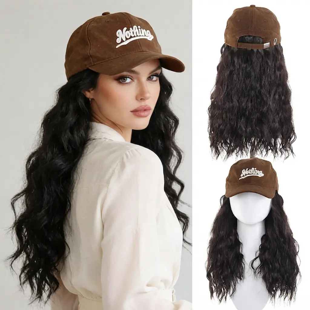Women's Synthetic Baseball Cap Wig, Brown Hat with Attached Long Corn Wave Curly Hair, 1-Piece Versatile Fashion Wig Cap for Daily Wear