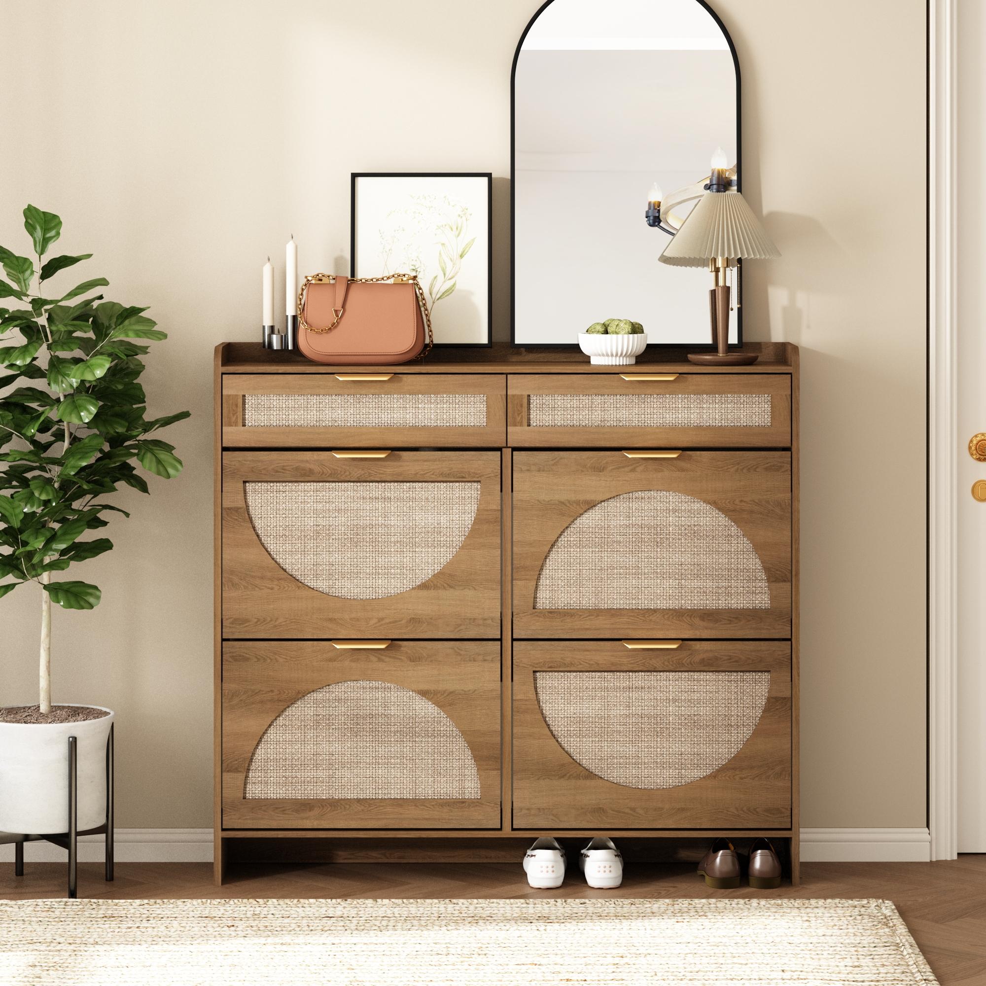 PieDle Furniture Boho-Chic Rattan Shoe Storage with Drawers for Home Entries