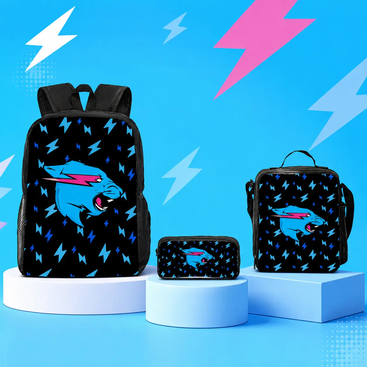Mr Beast Lightning Cat Complete 3PCS School Set - 3-Way Zipper Backpack, Crossbody/Shoulder Bag & Pencil Case, Large-Capacity All-Seasons Boy Student Bookbag, Lightweight Travel Daypack, Holiday Gift