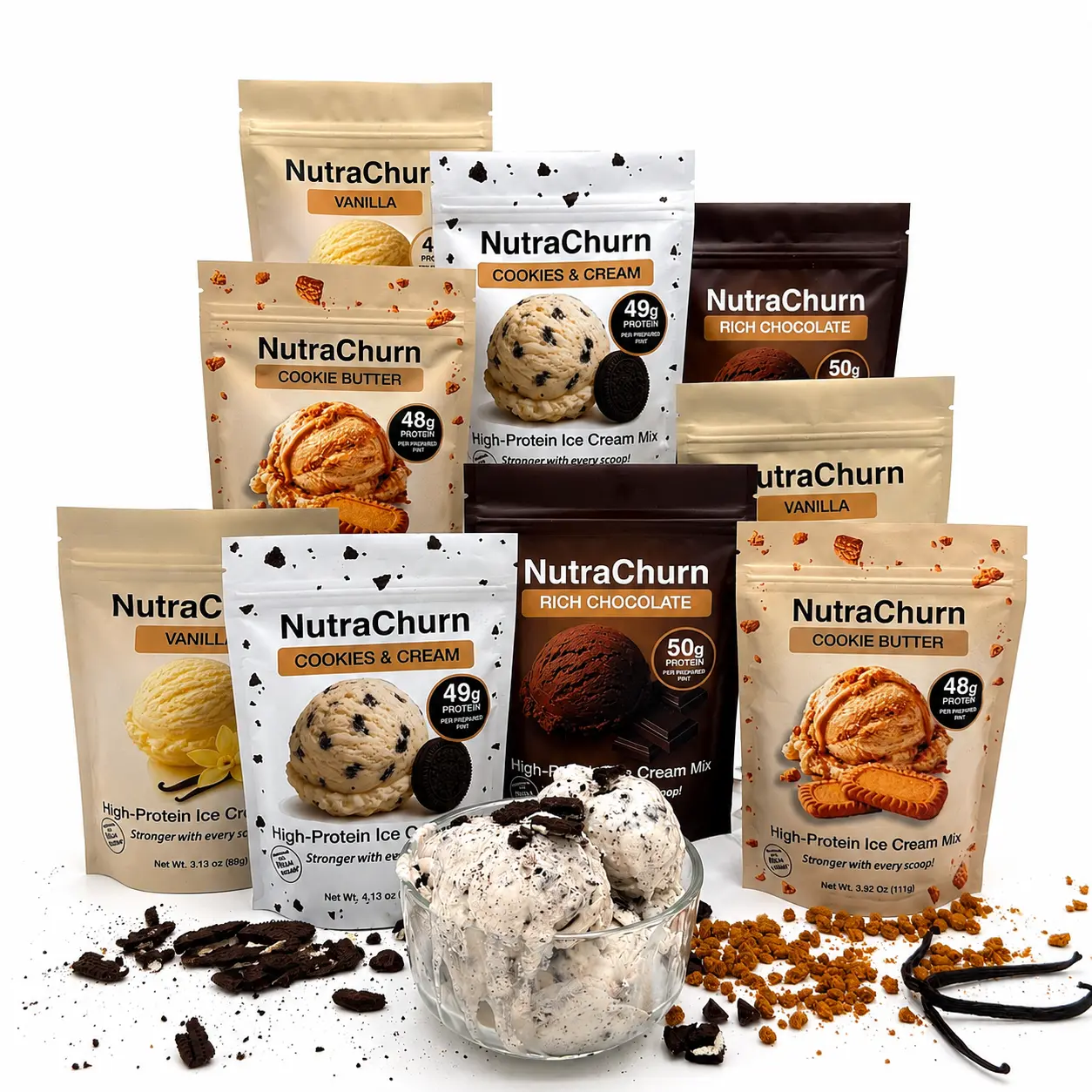 NutraChurn High-Protein Ice Cream - Mix 9 Pint Bundle (Buy 8 Get 1 Free) – 47–50g Protein Per Pint – For Ninja Creami – Chocolate, Vanilla, Cookies & Cream, Cookie Butter