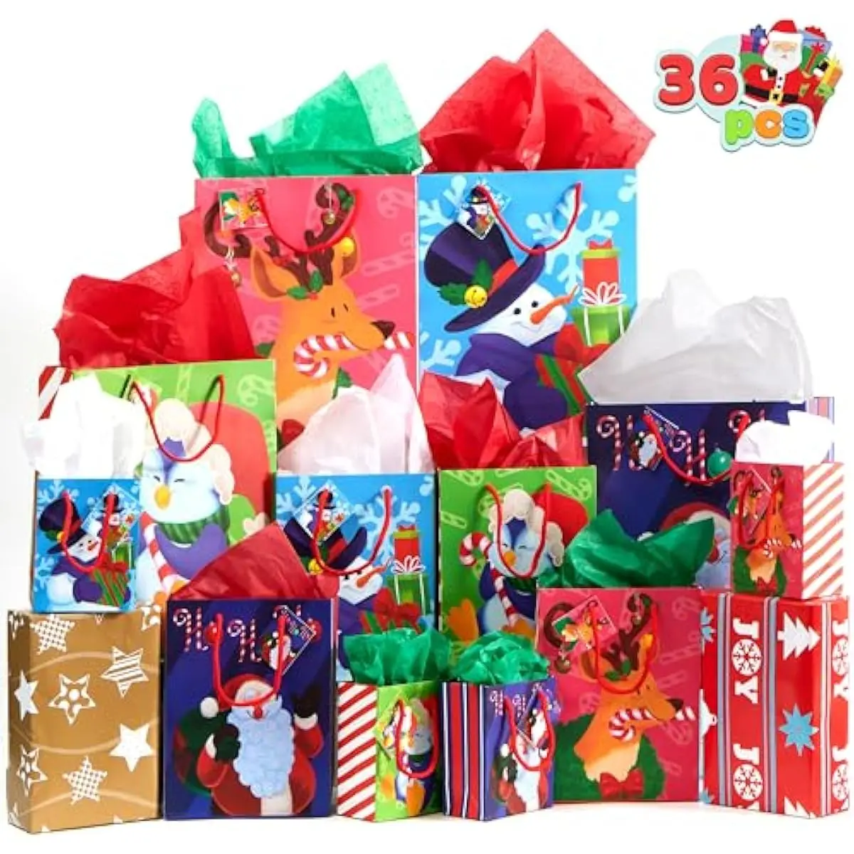 36 Pcs Christmas Bags with Tissue Papers and Tag, Assorted Sizes Set for Wrapping Xmas Holiday Presents, Thanksgiving Gift Decoration, Present Wrapping, School Classrooms, Party Favors