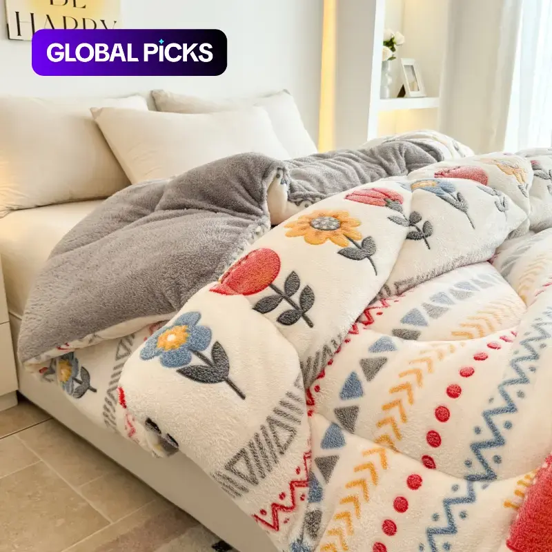 1 PC Thickened Warm Quilt for Home, Bedroom Quilt, Bedspreads Coverlets Quilt, Printed Lamb Fleece Autumn & Winter Blanket, Soft Quilted Polyester Comforter, Floral Quilted Bedspread All-Season Coverlet Bedding #GLOBAL PICKS