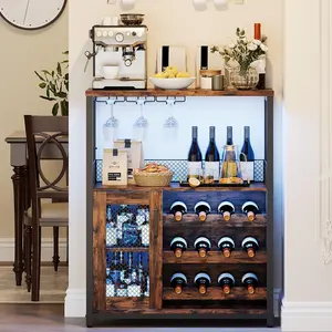 36 Inch Tall Bar Cabinet, Adjustable Shelves Wine Rack Table with Removable Wine Rack and Mesh Door, Multi-Functional Liquor Cabinet for Home Kitchen Dining Room