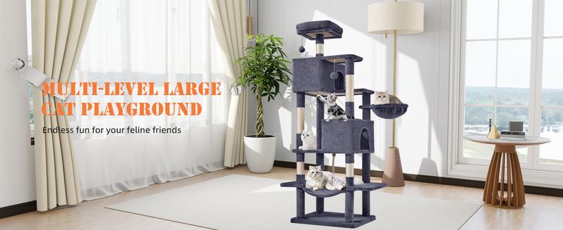 Sweetcrispy Cat Tree with Cat Condo and Big Hammock - 22.44"x13.78"x39.37"H, Faux Fur, Natural Sisal Posts, Hanging Ball, Removable Hammock