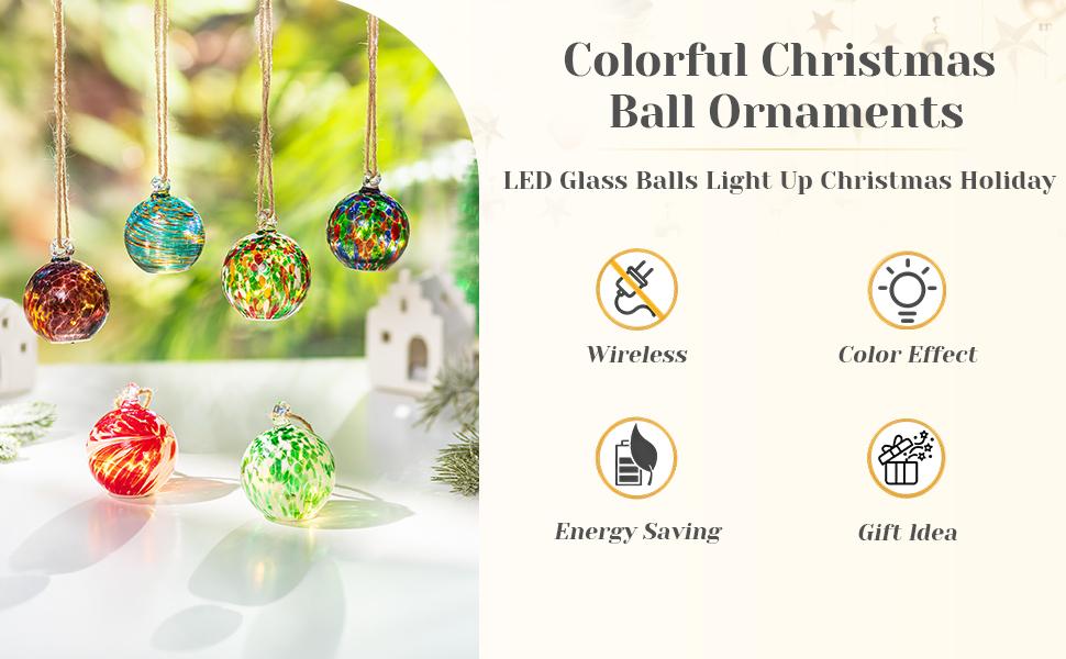Set of 6 Hand Blown Glass LED Christmas Ornaments Hanging Gazing Ball Witches Ball Christmas Decor for Garden Patio Window Xmas Tree Greenery Addition