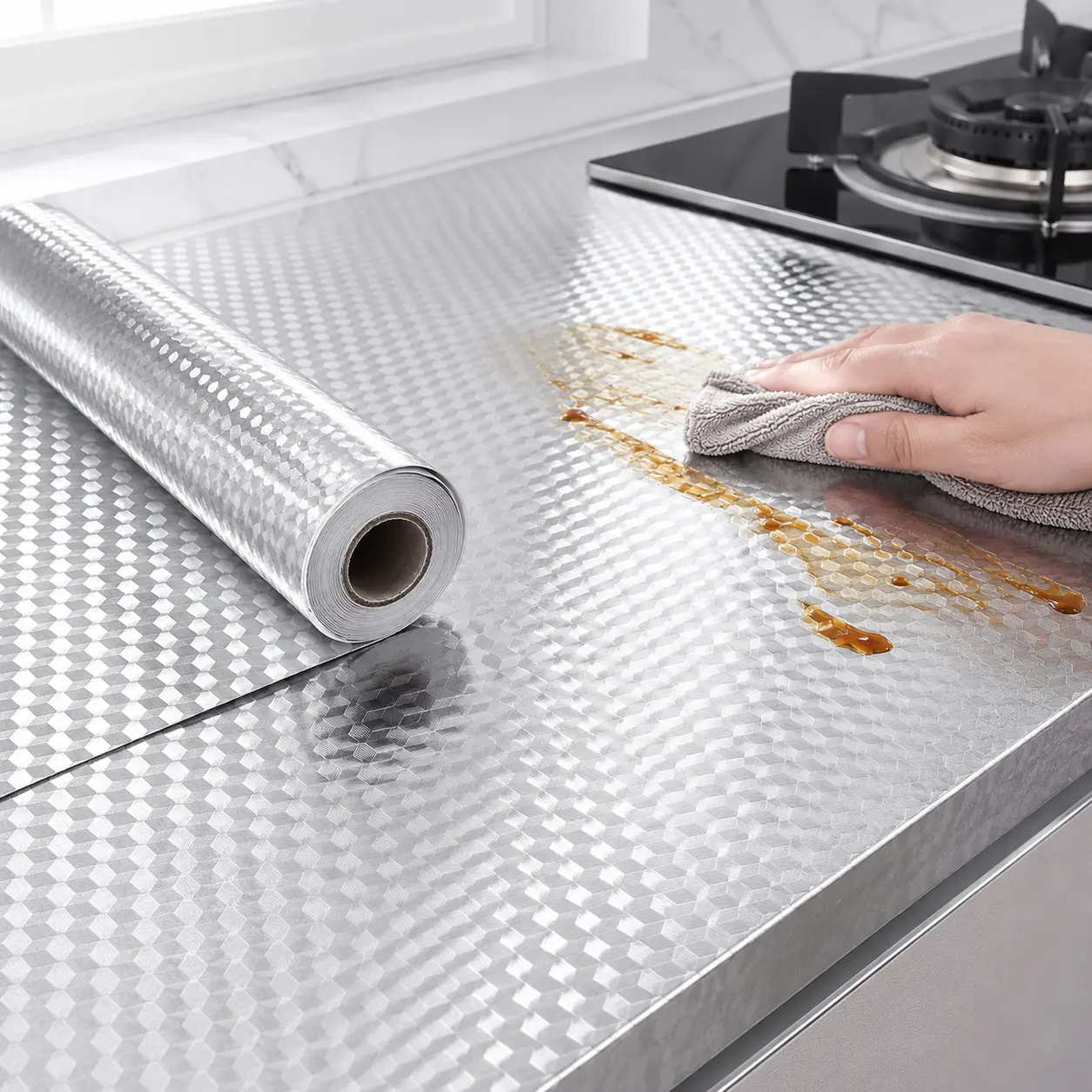 Self-Adhesive Aluminum Foil Wallpaper Silver Check Pattern, Moisture Proof Peel and Stick Wallpaper, Self-Adhesive Aluminum Foil Backsplash Wallpaper, Removable kitchen wallpaper Backsplash Cover 15.8"x197"