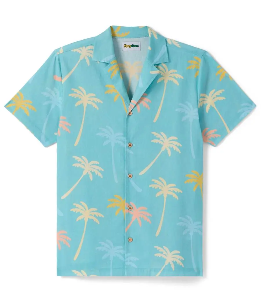 Men's Casual Button-Collared Counting Palms Linen Cabana Shirt - Menswear for Tropical Island Everyday Wear