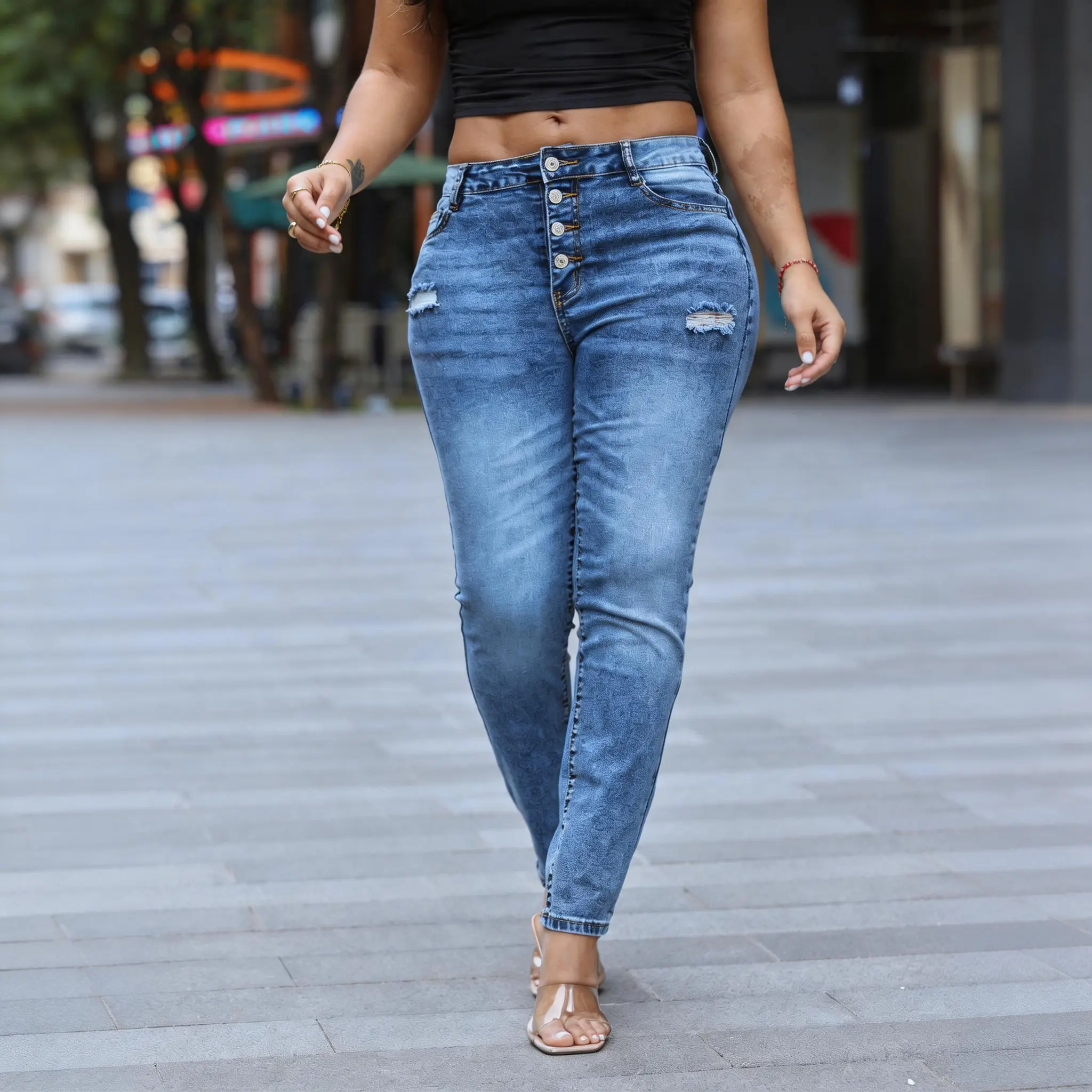 MW Women's Medium Wash Elastane Denim Jeans - Mid-Rise Soft Flex Stretch Straight Fitted Leg Pants, Hip-Enhancing Shiny Elastic, Minimalist Plain Pocket Elevated Basics, Everyday Casual Streetwear Fabric Bottoms for Blouse, Tee & Sweater Style Pairings, F