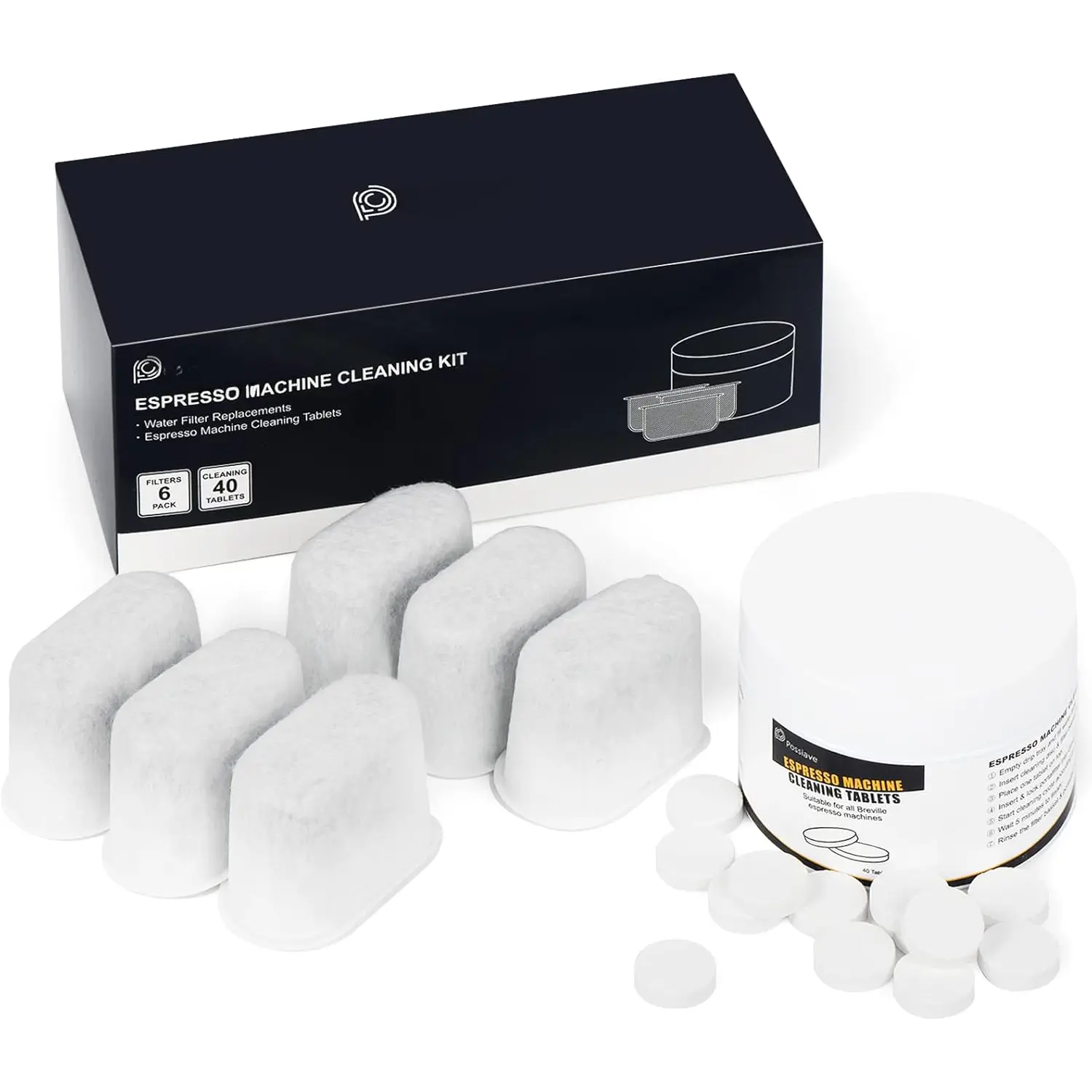 Espresso Machine Cleaning Tablets and Filters for Breville Espresso Machines (40 Tablets + 6 Filters) - 1.5 Gram Cleaning Tablets & Replacement Water Filter - Espresso Cleaner Accessories