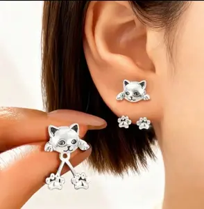 Silver Cat Paw Pendant Earrings | Cute Cartoon Hypoallergenic Earrings for Daily & Party Wear