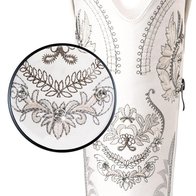 【Rodeo Boots】Pasuvo Women's White Embroidered Western Cowboy Boots - Vintage Floral Stitching, Classic Pointed Toe, Stacked Heel, Perfect for Country Style, Festivals, and Everyday Fashion Footwear