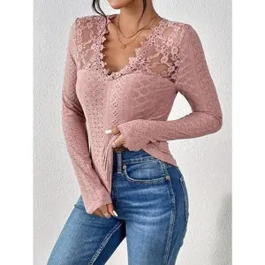 Lace Splicing Eyelet V-neck T-Shirt, Elegant Long Sleeve Slim T-Shirt For Spring & Fall, Women's Clothing Blouses Knit