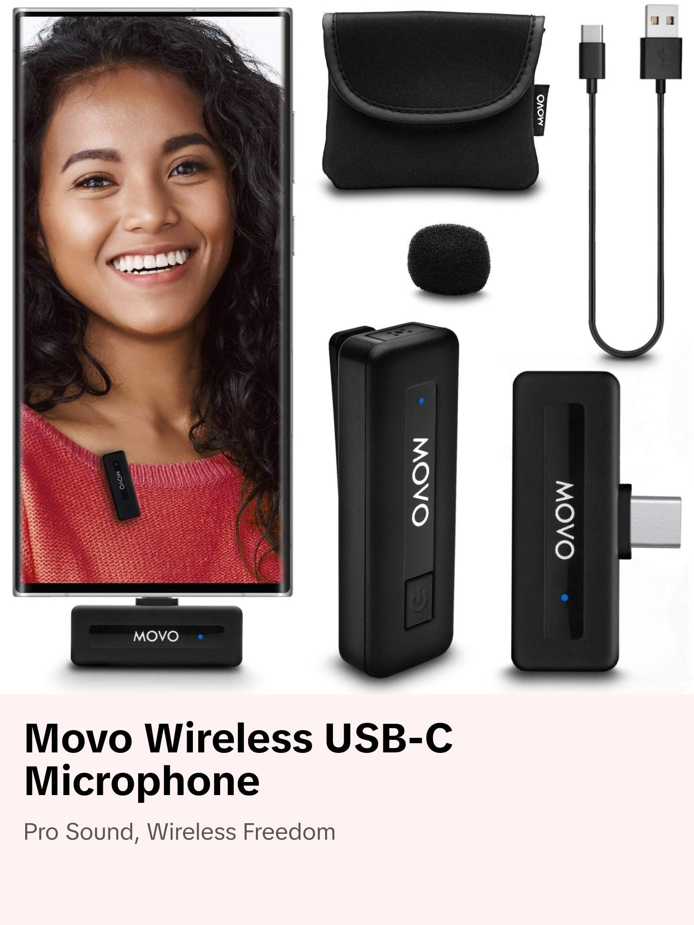 Movo Wireless Mini USB-C Microphone System | Pro Lapel Mic with Noise Cancellation, Long-Range for Android & USB-C Devices