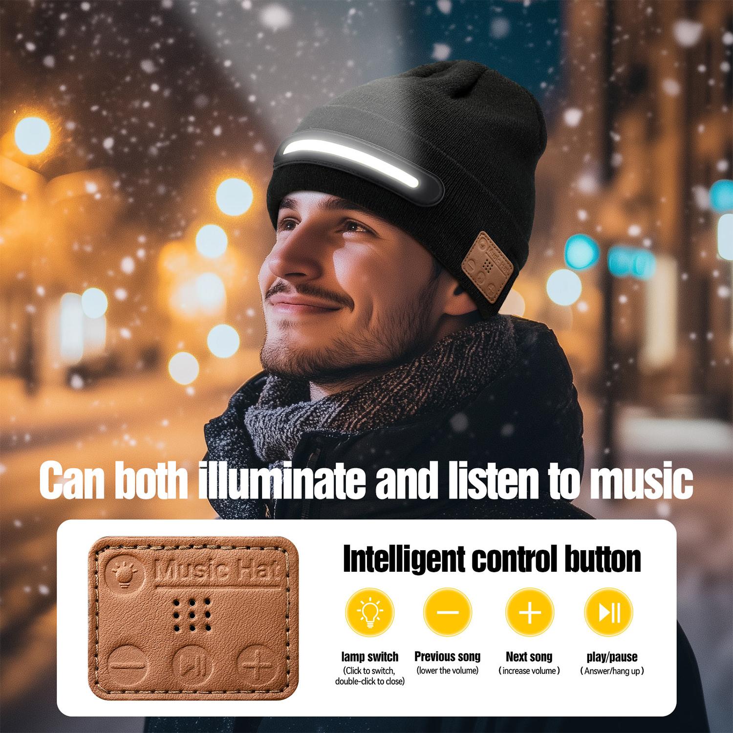 Bluetooth Beanie with a Light, Unisex USB Rechargeable 4 LED Fashlight Hat with Cordless Headphones, Unique Christmas Gifts - Black