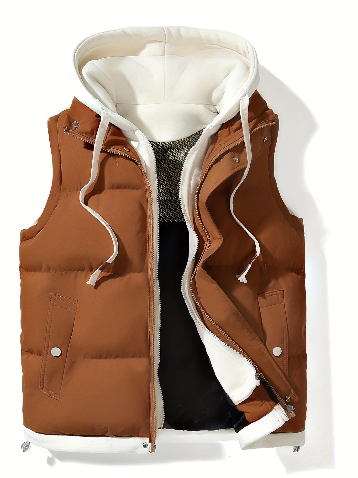 Detail of hooded collar and zip on unisex thermal vest