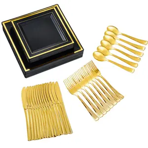 Black Gold Trim 125pc 25set Disposable Square Plates and Tableware Set: Dinner Plates,Dessert Plates,Knife,Forks,Fpoons-Perfect for Party Reusable |BPA Free