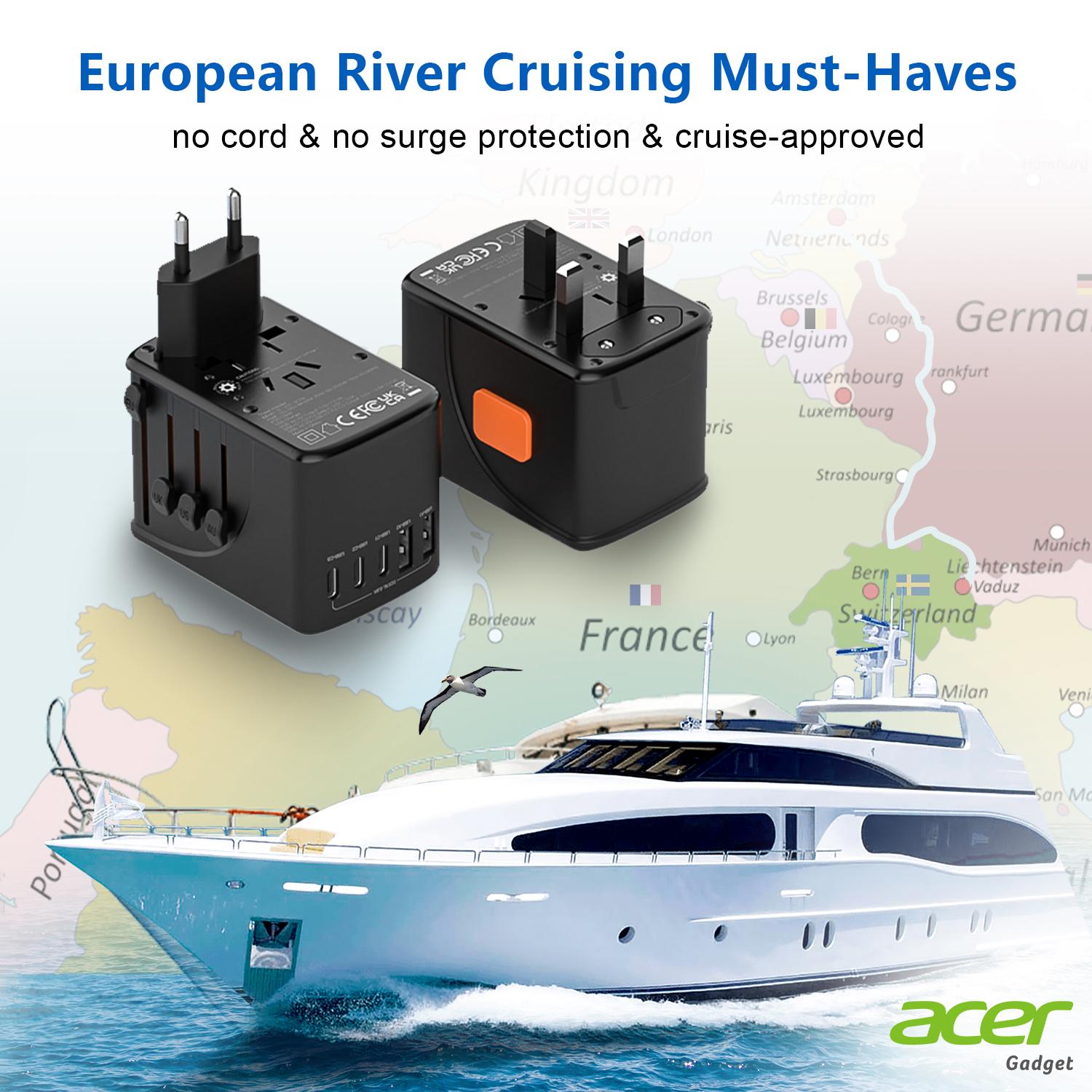 Acer Christmasparade Universal 12 in 1 Travel Adapter With 5 USB Ports (3 USB C), 100-250V Input & 29W Output, US/EU/UK/AU Plugs, International Power Adapter, Worldwide Outlet Charger For USA To European UK France Germany Spain, Black，Pink，Blue，Purple