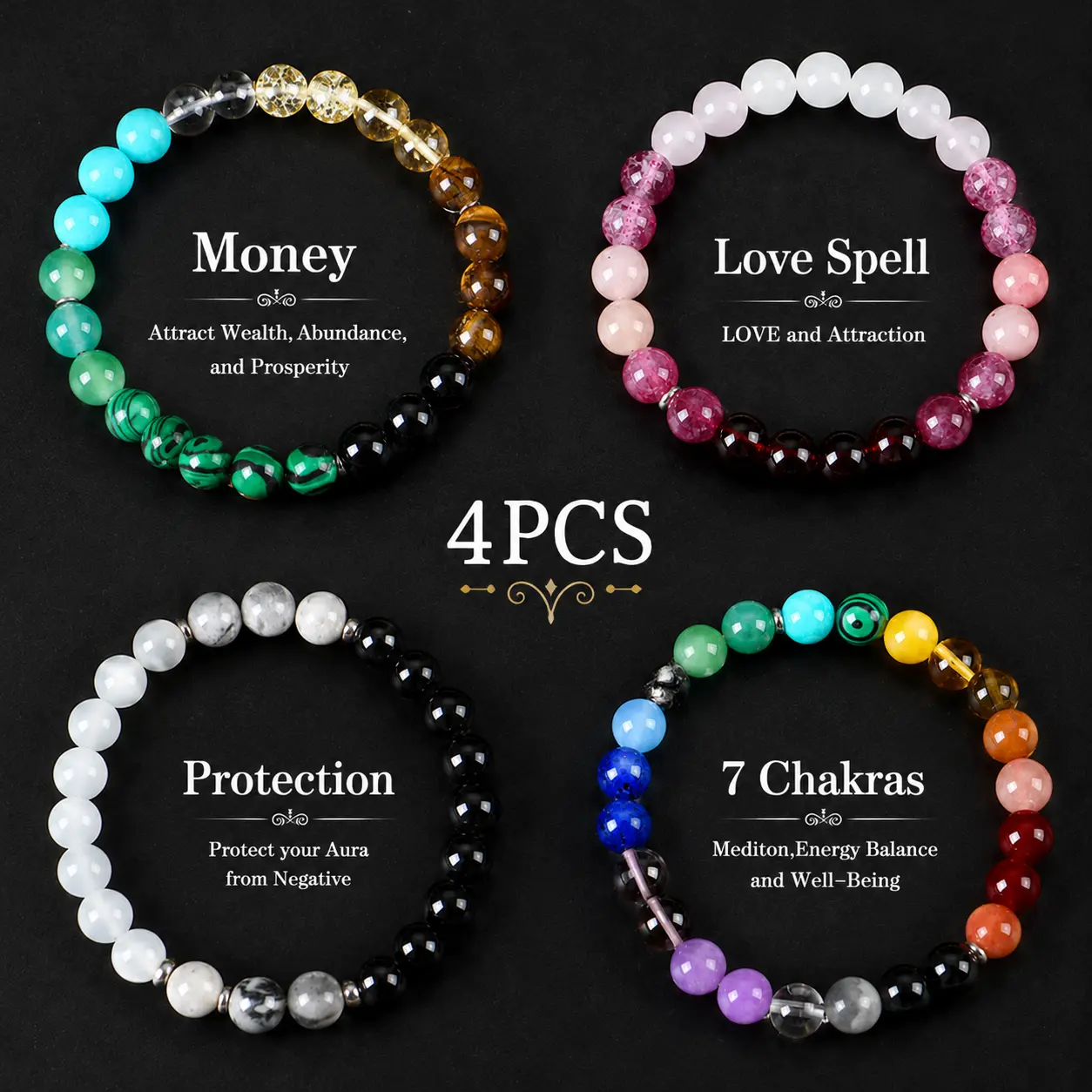 Bohemian Beaded Bracelets Set for Women, 4-Piece Stackable Natural Stone with Citrine & Rose Quartz, Elastic Stretch for Daily Wear & Gifting, Natural Stone Bracelets & Bangles, Rose Quartz Bracelets & Bangles