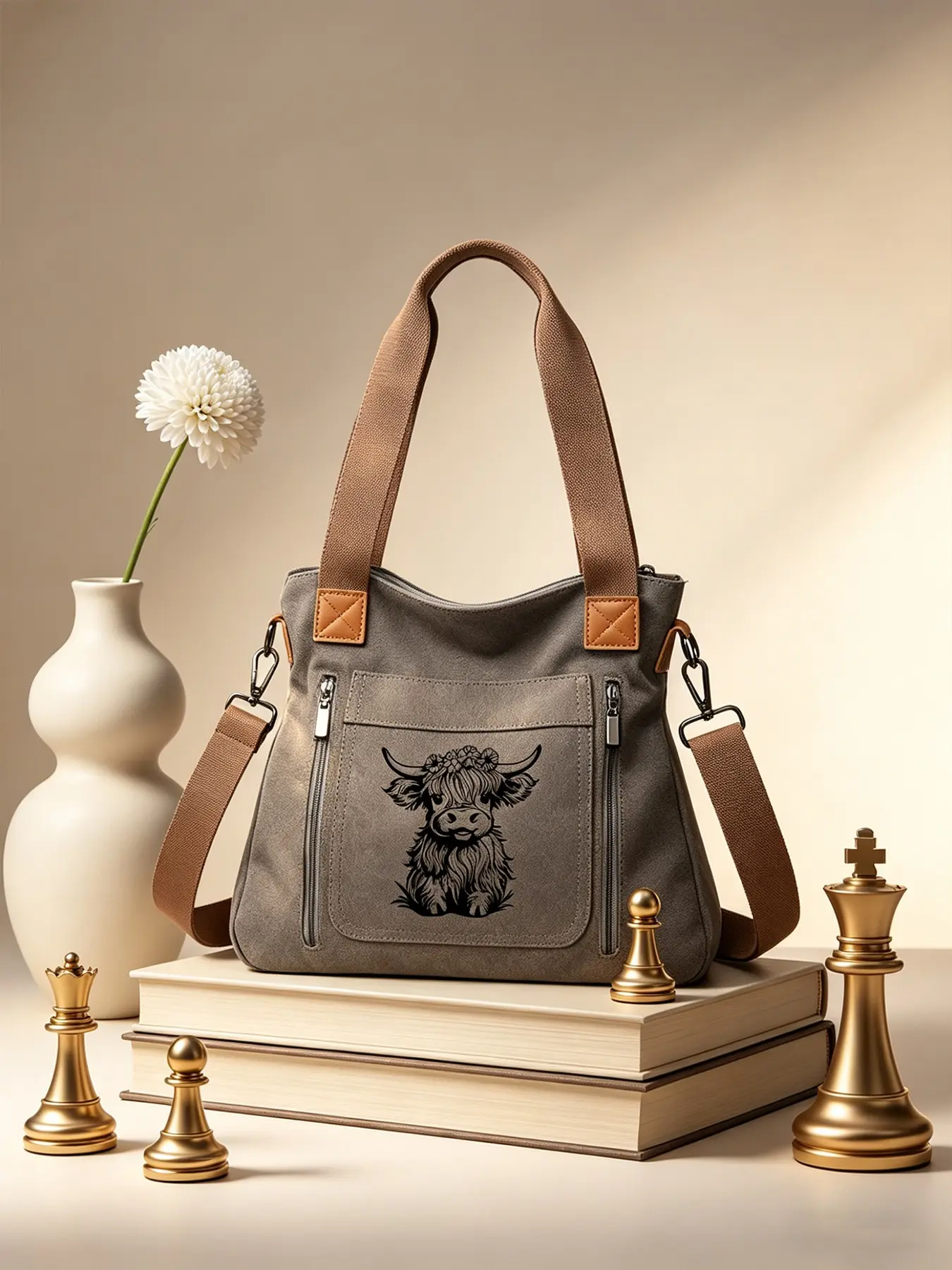 Scottish Highland Cow Print Canvas Bag, Multi-Layer Large Capacity Shoulder Bag, Student School Daily Travel Casual Backpack, Casual Fashion Bag