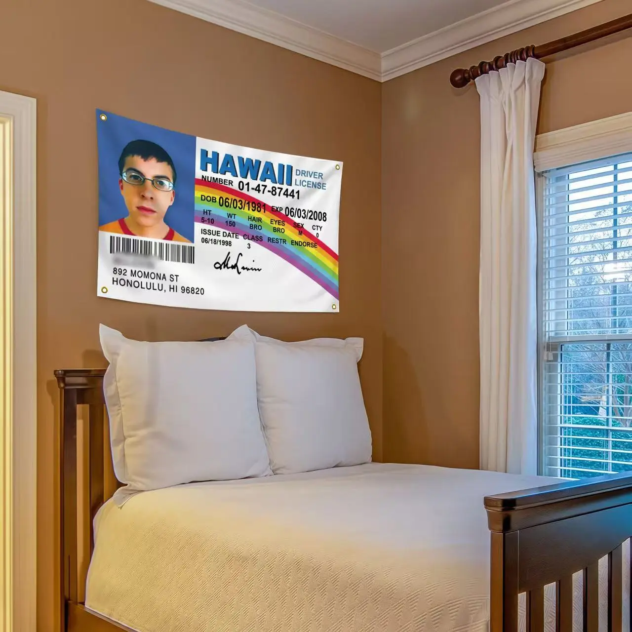 Humorous Hawaii ID Flag Mclovin Tapestry - 3x5 ft Polyester Room Decor with 4 Brass Grommets, Vibrant Fade Resistant Indoor/Outdoor College Dorm Banner, Funny Flags