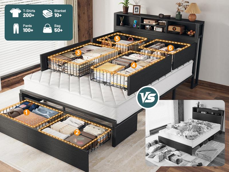 Raybee 6 Drawers Wood Bed Frames for King Queen Full, Luxury Platform Bed Frame with Storage Head Board & Build-in Power Outlet, Holds up to 1000lbs with Metal Frame & Slats, Noise Free, Space Saving for Bedroom
