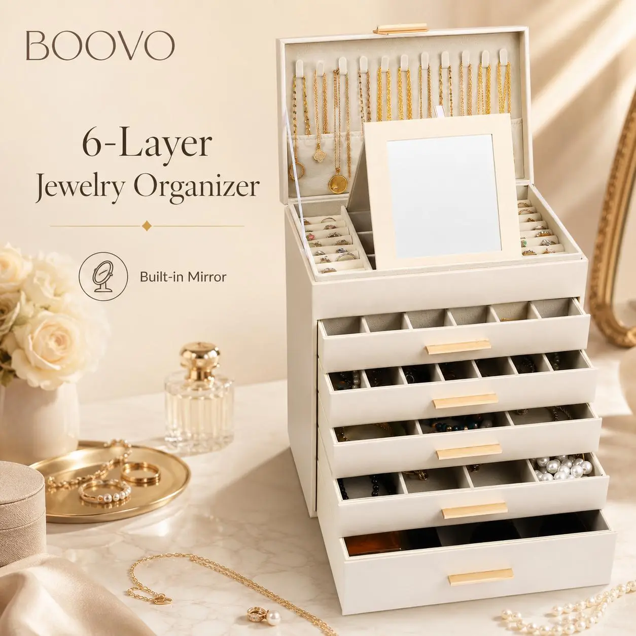 BOOVO（Pearl white ）6-Layer Large Jewelry Box Organizer with Mirror, Multi Compartment Leather Storage Case for Necklaces Tangle-Free, Rings, Earrings, Bracelets, Watches. Dustproof White Jewelry Tower, Aesthetic Vanity Dresser Organization Box for Women